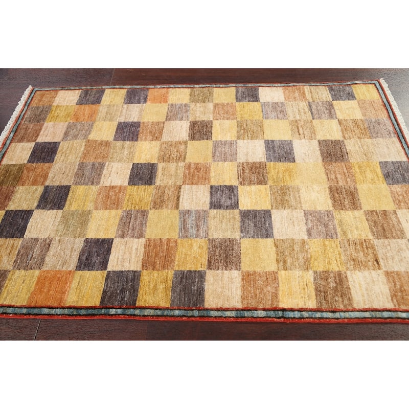 Checkered Gabbeh Kashkoli Oriental Area Rug Hand-knotted Wool Carpet - 3'11" x 5'7"