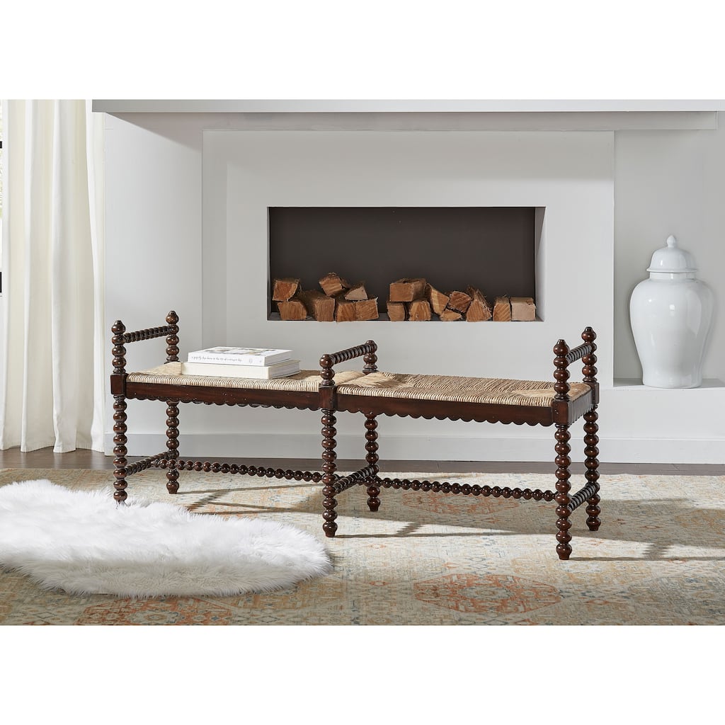 Isle of Man 60-inch Mahogany & Rush Accent Bench, Bobbin-Turned