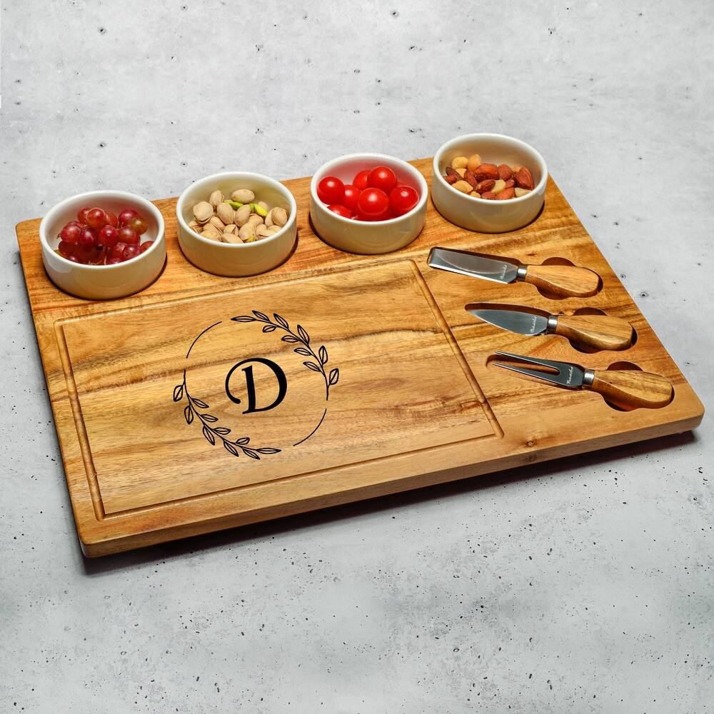 Personalized 8-piece Acacia Charcuterie Board, Ceramic Bowls & Cheese tools