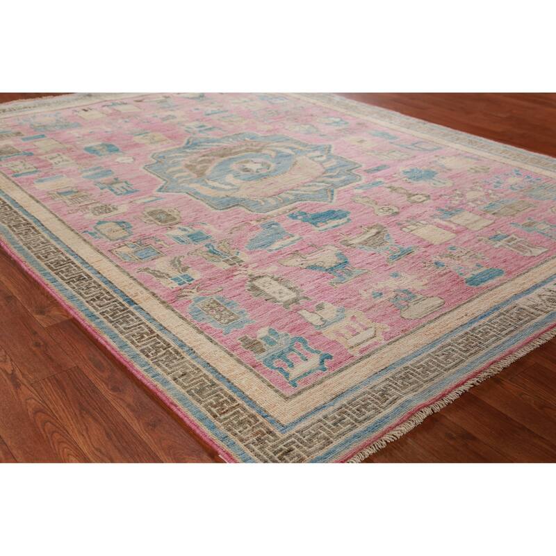Hand Knotted Oriental 100% Wool Carpet Transitional Geometric Pink Oushak Area Rug - 7' 0'' X 5' 4''