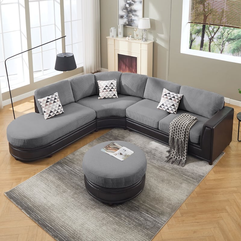Oversized Corduroy With Faux Leather Modular Sectional - Grey