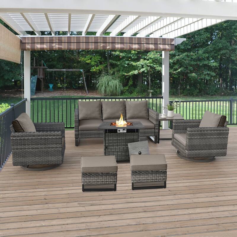 6PCS PE Wicker 3-Seat Sofa Chait with Propane Fire Pit Table - Grey - Grey