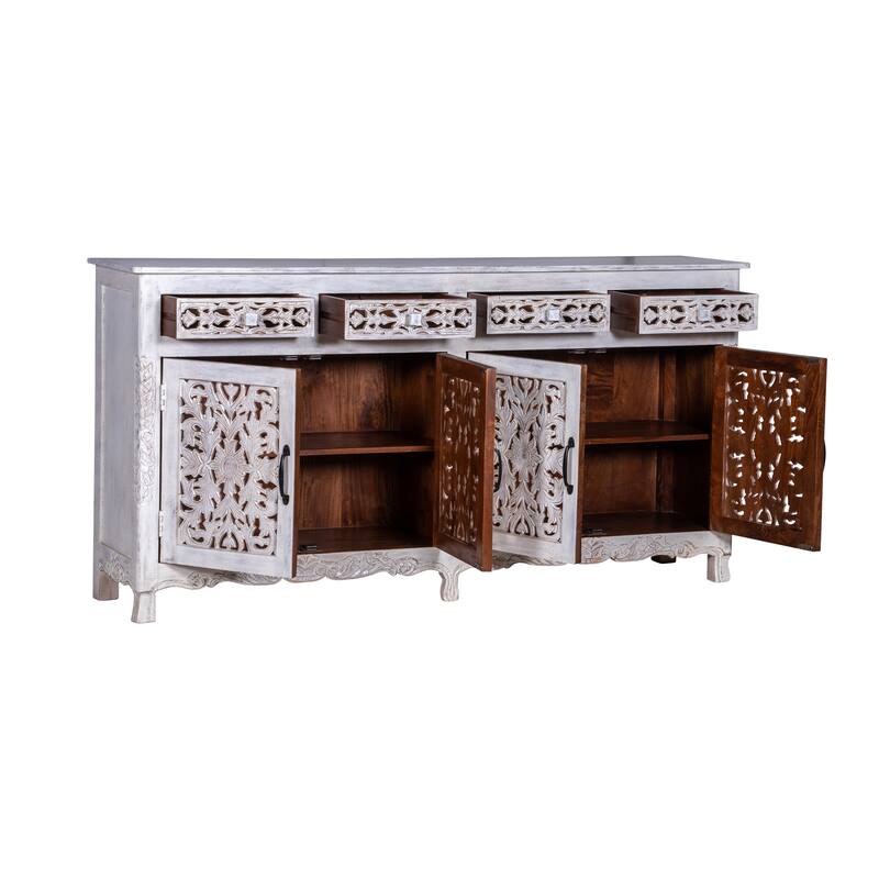 Maadze 71" Long Solid Wood 4 Door Carved Sideboard Buffet