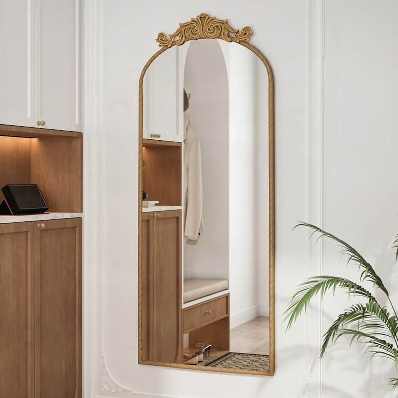 Arched Full Body Mirror with Vintage Ornate Carved Applique on Top - 58"x24"