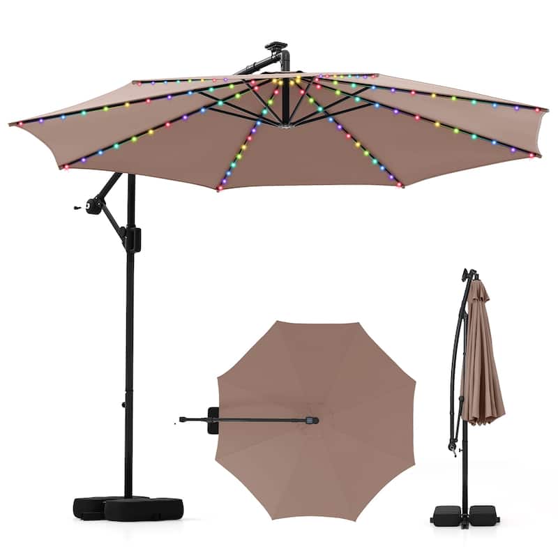 Costway 10 FT Solar Offset Hanging Umbrella with Base Patio Cantilever - Coffee