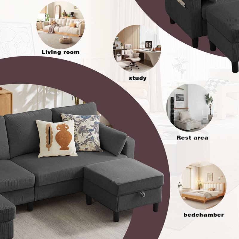 101"Corduroy 3 Piece Living Room Set Including 4 Seater Sofa ,2 Storage Ottoman and Chair