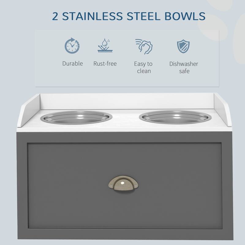 Elevated Dog Feeder Stand for Large Dogs with Storage Drawer and 2 Stainless Steel Bowls - 23.5" W x 11.75"D x 14.25" H