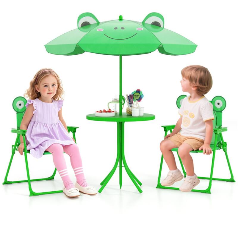 Kids Outdoor Picnic Table and Chair Set with Adjustable Umbrella Lion Pattern Foldable Table and Chairs for Ages 2-5