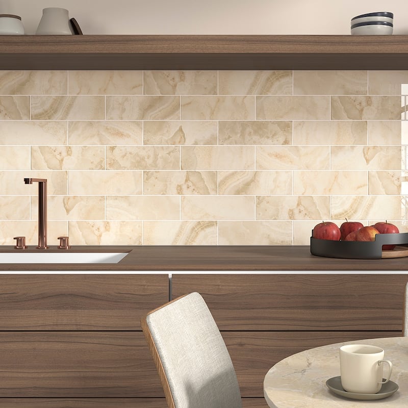 Isla 4x12 Glossy Ceramic Subway Tile - Wall, Backsplash - Sand - 4 x 4 Sample