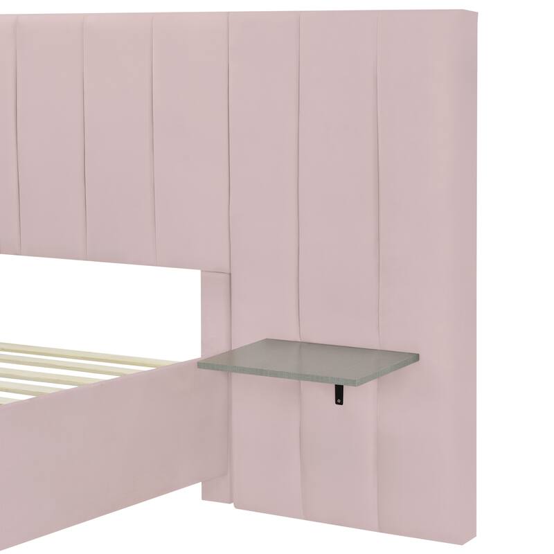 Upholstered Platform Bed with Soft Oversized Headboard and Storage Shelves