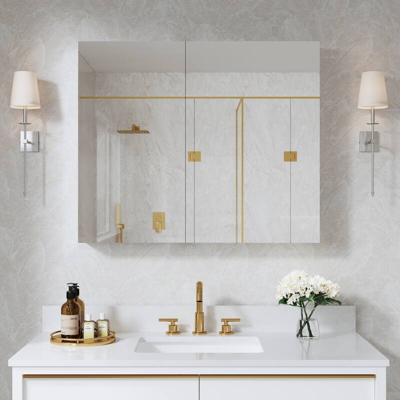 36''W X 30''H Recessed Or Surface Wall Mount Bathroom Medicine Cabinet With Adjustable Glass Shelves - 1630L-2030R