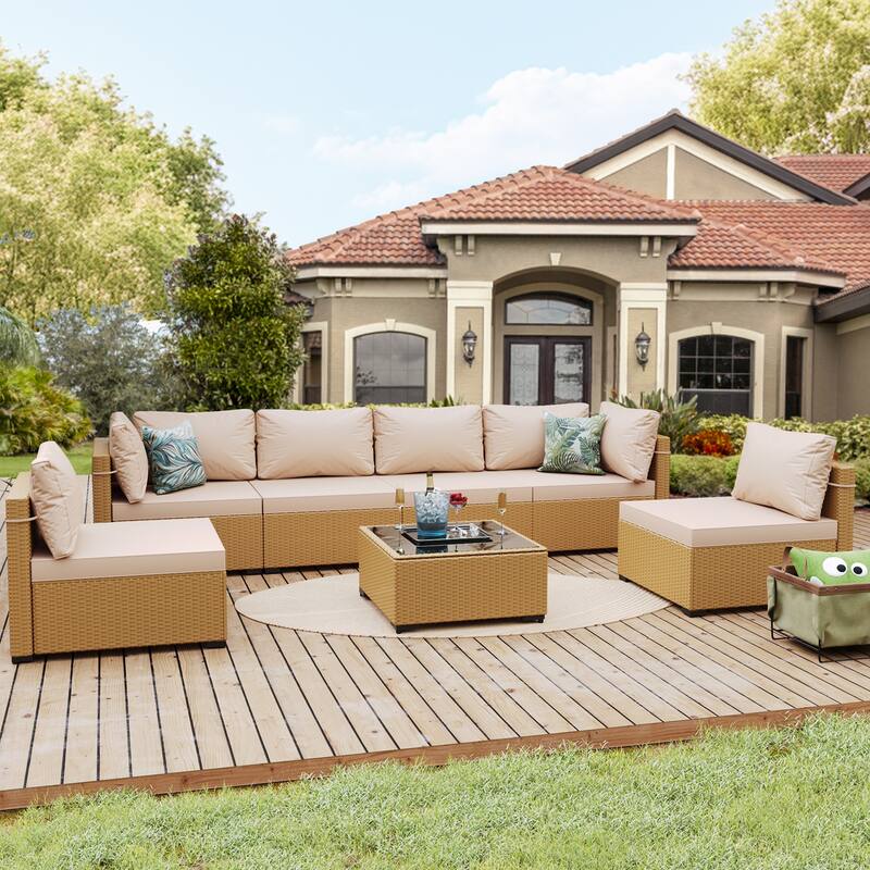 UPHA 7-Piece Rattan Patio Sofa Conversation Set with Cushions