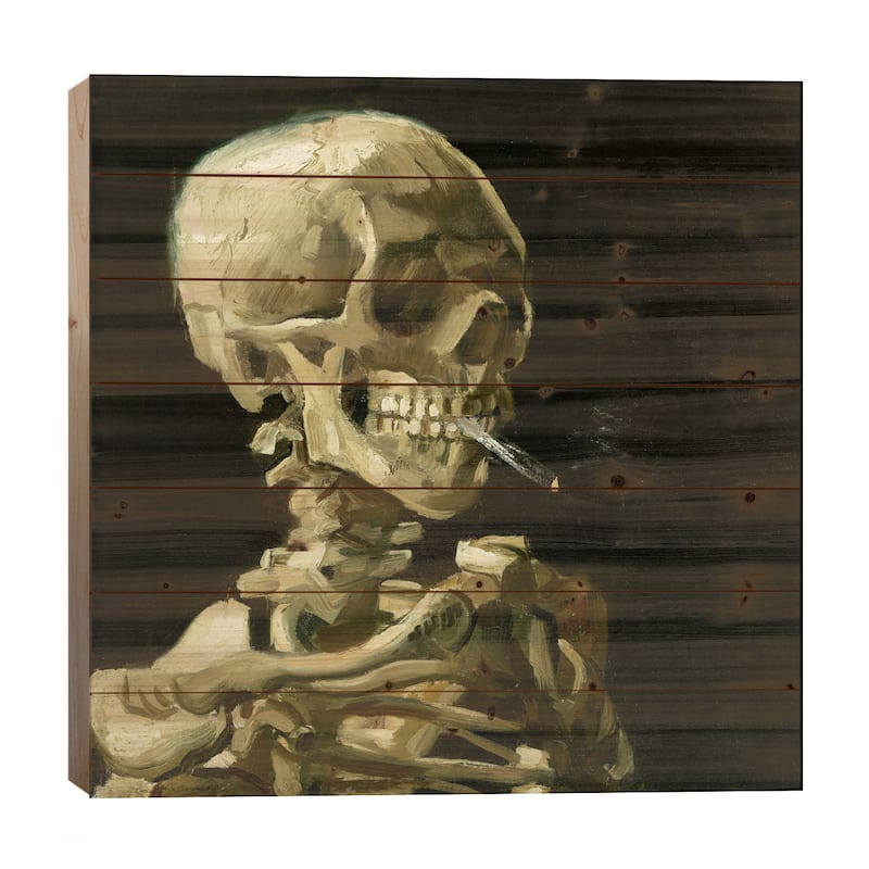 Head of a Skeleton With a Burning Cigarette Print On Wood by Vincent van Gogh - Multi-Color - 26x26x1.5