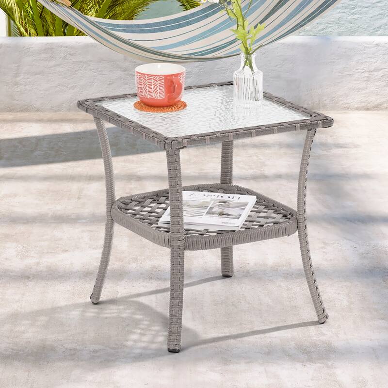 LIVOOSUN Patio Water Rippled Glass Side Table Rattan Coffee Table - Grey