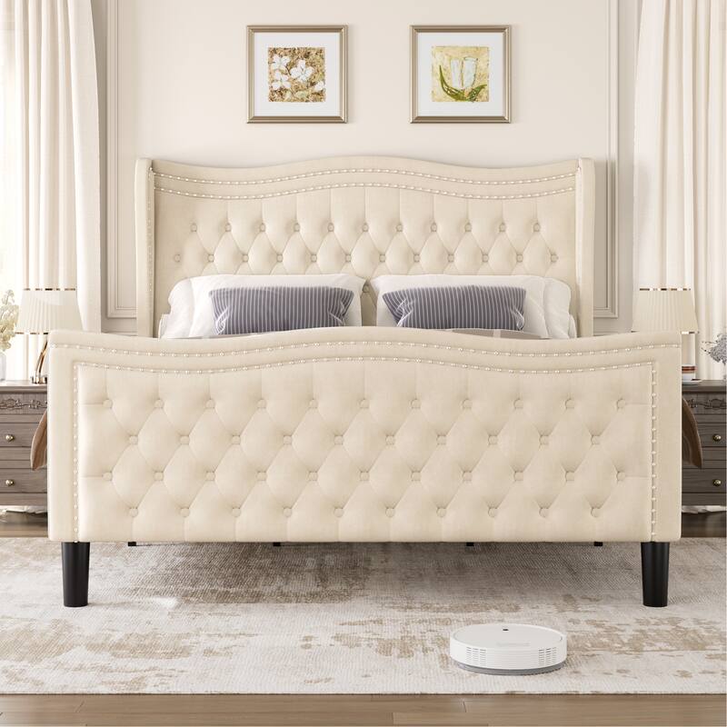 Wingback Platform Bed King Size Velvet Upholstered Bed with Nailhead Trim and Tufted Headboard Footboard, Wood Slats Support