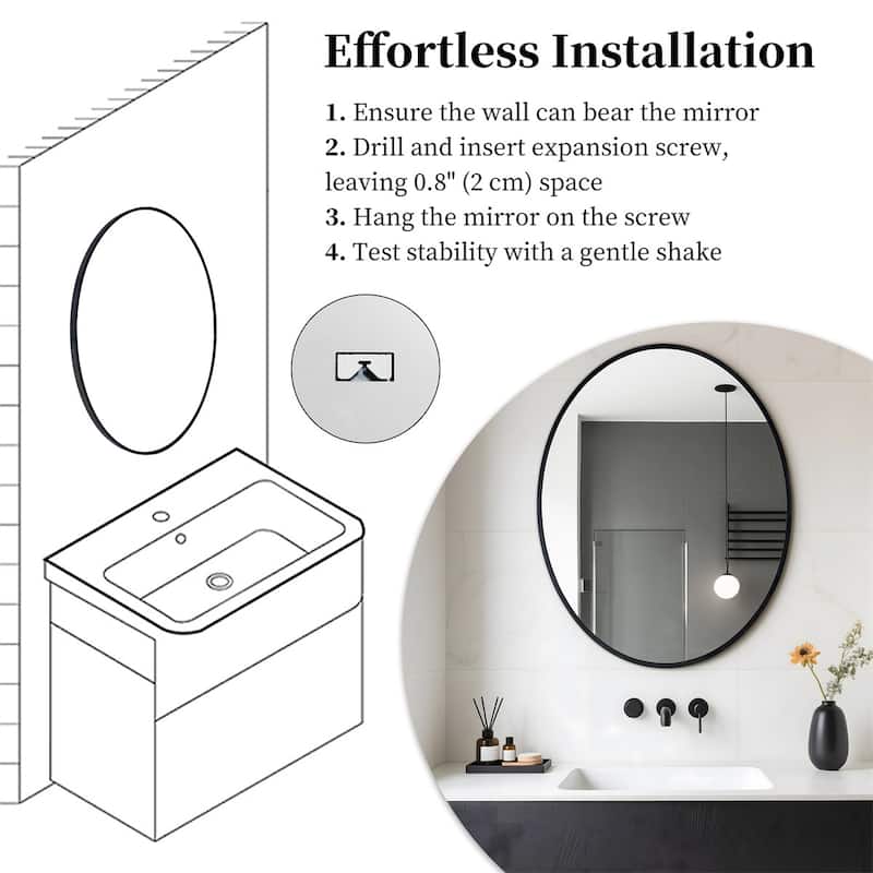 Oval Wall Mirror Black Frame Bathroom Vanity Mirror Vertical Hanging Makeup Mirror for Bedroom