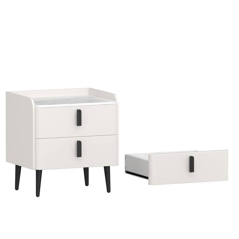 Nightstand with 2 Drawers & Support Legs, Coffee Table with Marble Pattern Tabletop, Large Capacity Sofa Side Table