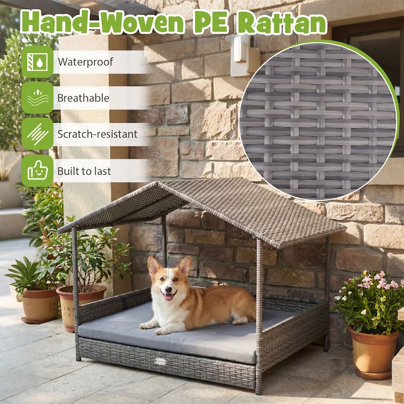 Gymax Wicker Dog House w/ Canopy PE Rattan Dog Bed Waterproof - Gray
