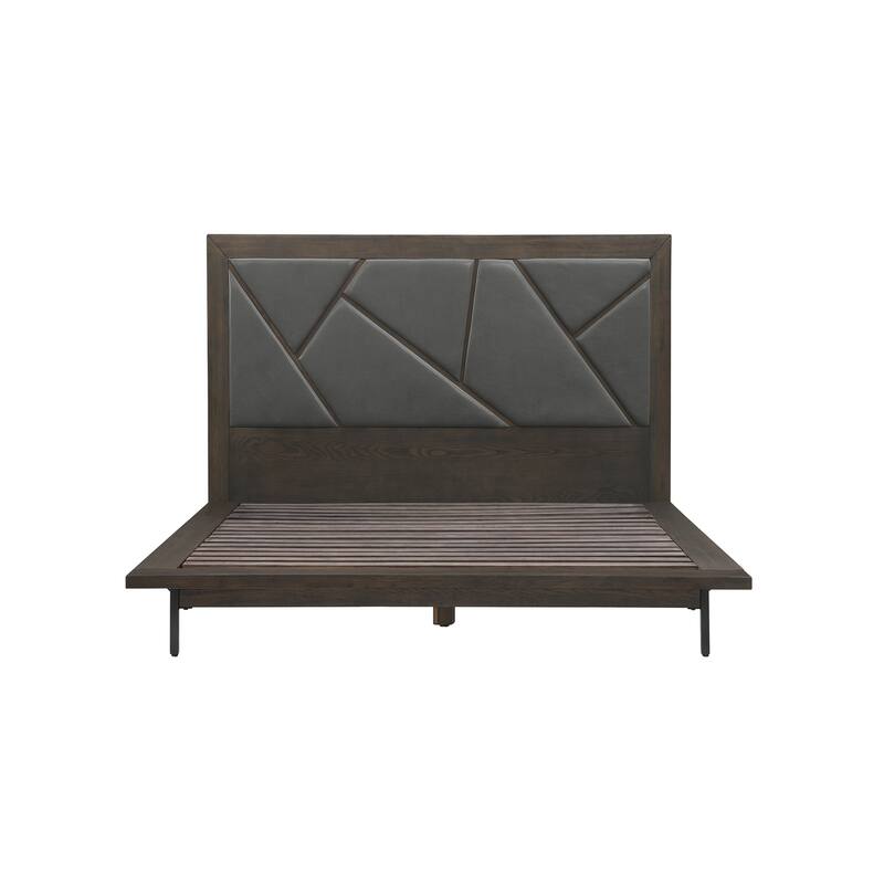 Platform Bed Frame Oak Wood Faux Leather Headboard Modern Bed