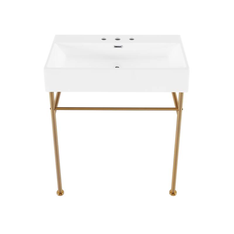 Claire 30" Console Sink White Basin Brushed Gold Legs With 8" Widespread Holes - 30" x 16" x 35"