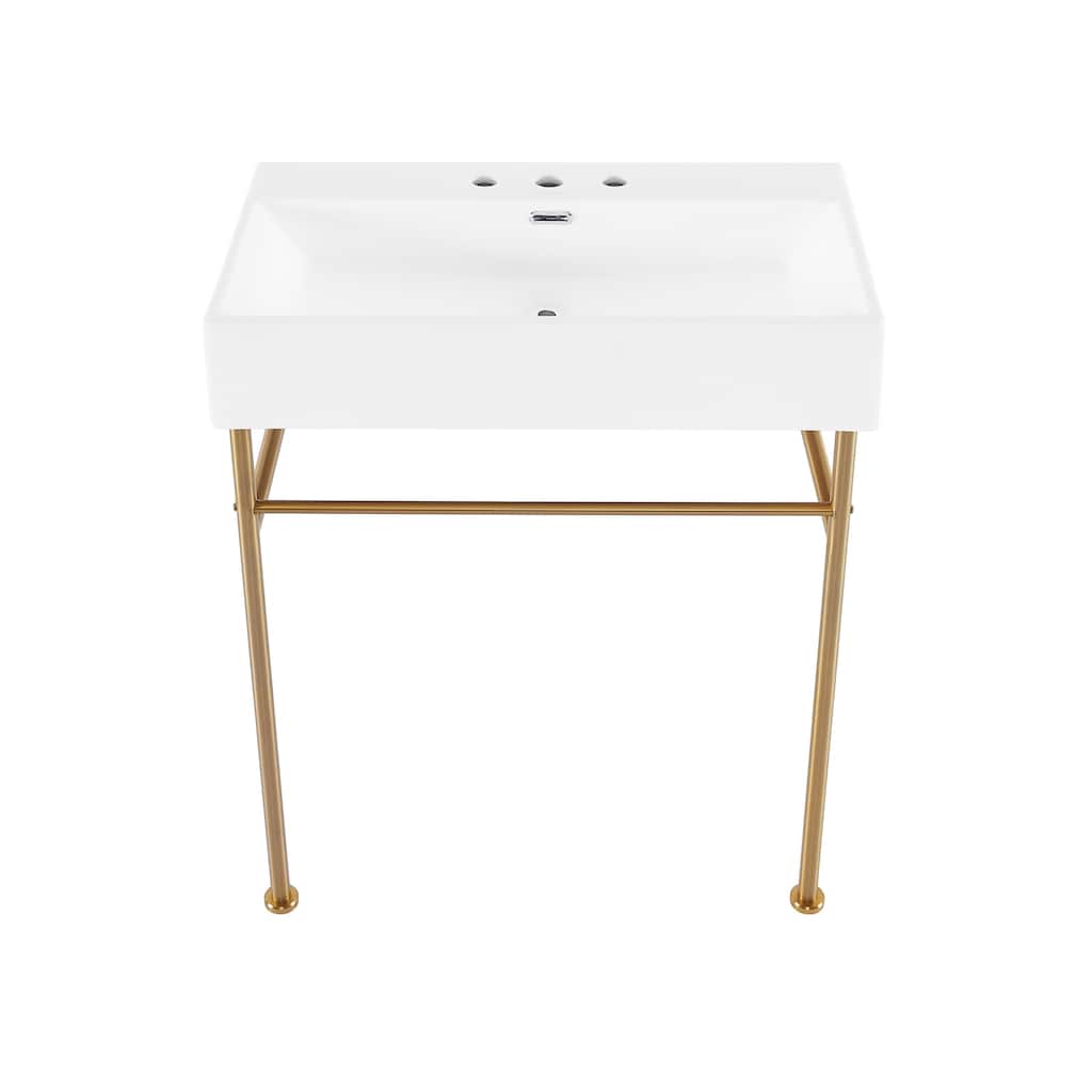 Claire 30" Console Sink White Basin Brushed Gold Legs With 8" Widespread Holes - 30" x 16" x 35"