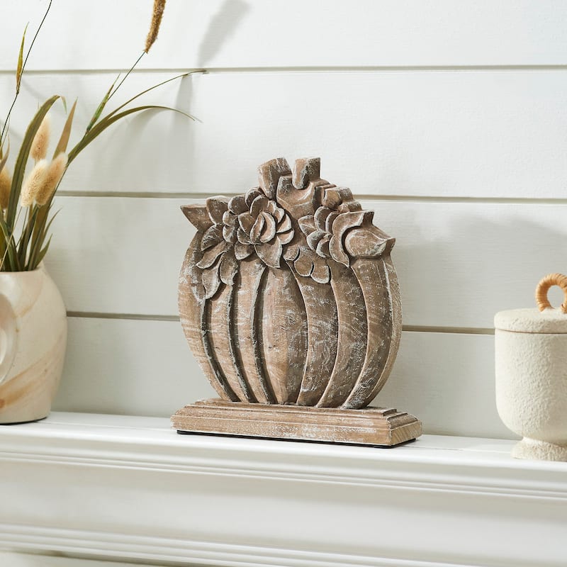 Floral Crown Carved Wooden Pumpkin 8.5x8x2 - N/A