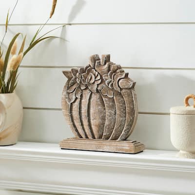 Floral Crown Carved Wooden Pumpkin 8.5x8x2 - N/A