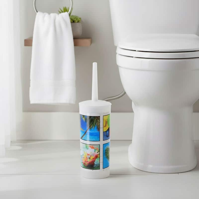 Island Bathroom Accessory Set - Decorative Plastic Waste Basket and Toilet Brush - 9.4" H x 7.8" W x 6.2" L