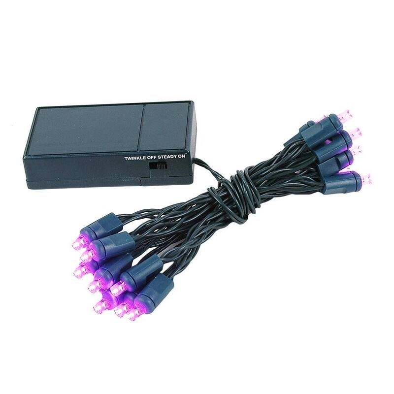 20 Light LED Battery Christmas Mini Light Set, Green Wire, 8' Long - Pink