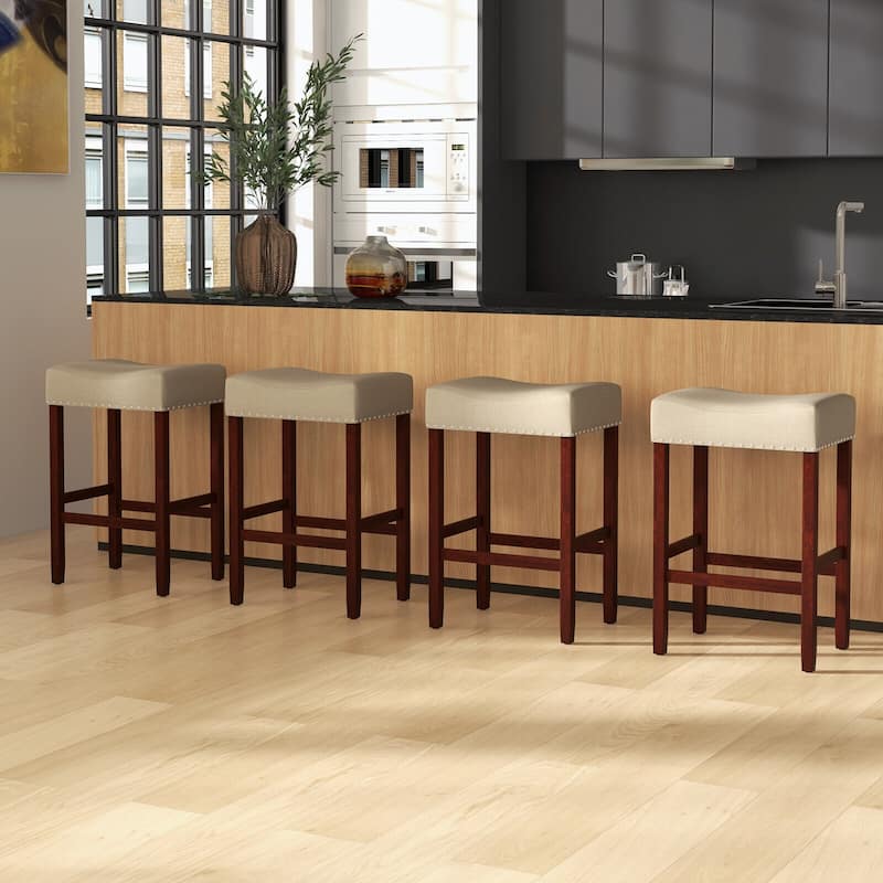 Set of 2 Backless Saddle Bar Stools with Linen Cushions and Rubber Wood Legs for Counter - 17" x 13" x 24" (L x W x H)