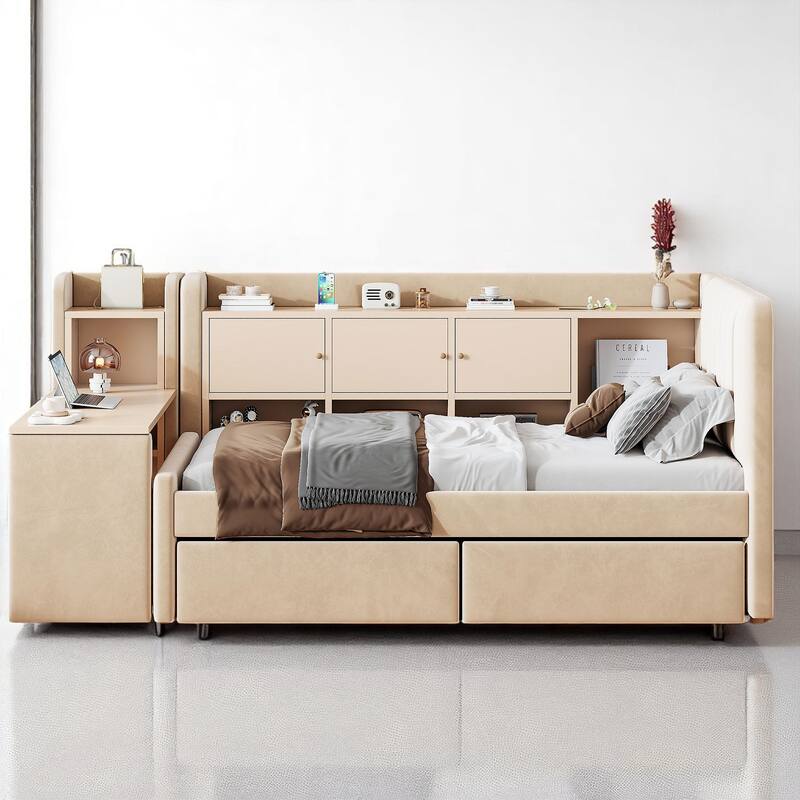 Multi-Functional Twin Daybed with Storage Drawers, Shelves, Flip Cabinets, and Side Table for Small Rooms