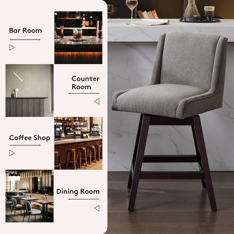 2-Pack Swivel Bar Stools - 360° Rotating Solid Wood and Fabric Stools with Comfortable Cushion