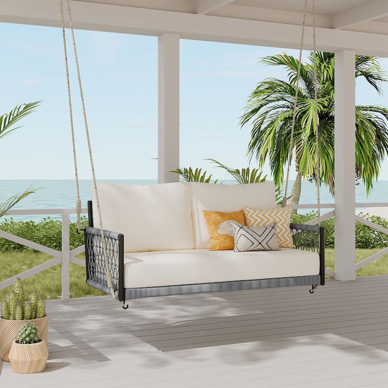 1-Piece Woven Rope Outdoor Swing Sofa with Soft Cushions Seating 2 for Patio, Courtyard and Balcony