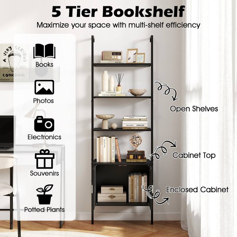 Gymax 72.5'' Tall Bookshelf 5 Tier Wall Mount Ladder Bookcase w/