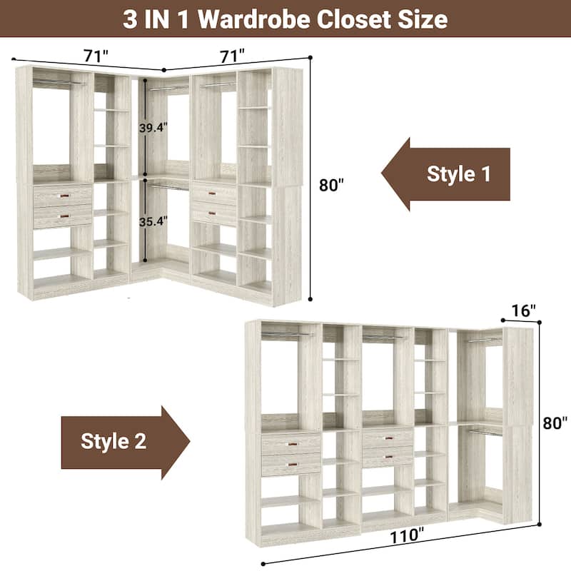 Set of 3 Corner Closet System with Tower Shelves, Closet Organizer with Drawers and Hanging Rods