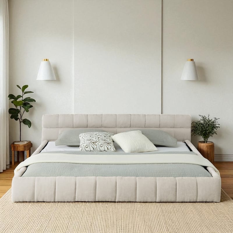 California King Upholstered Platform Bed, Thick Chenille, Low-Profile Headboard, No Box Spring, 90.5 x 80.5 x 31 in