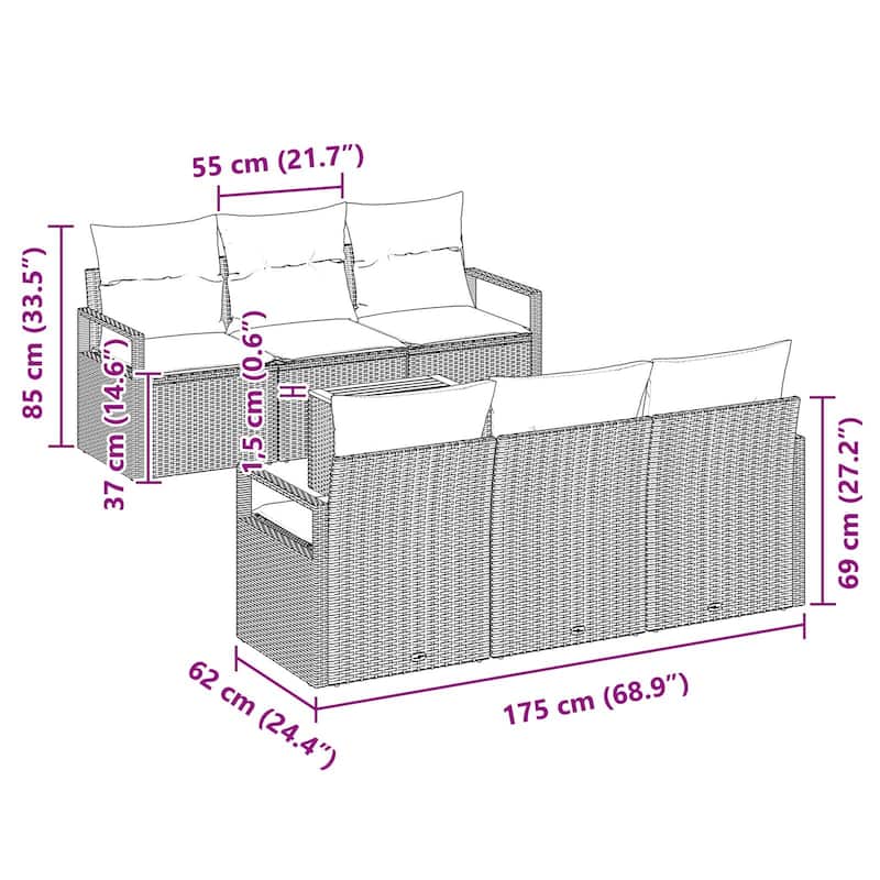 vidaXL 7 Garden Sofa Set with Cushions Black/Grey Poly Rattan - 68.9 x 24.4 x 27.2