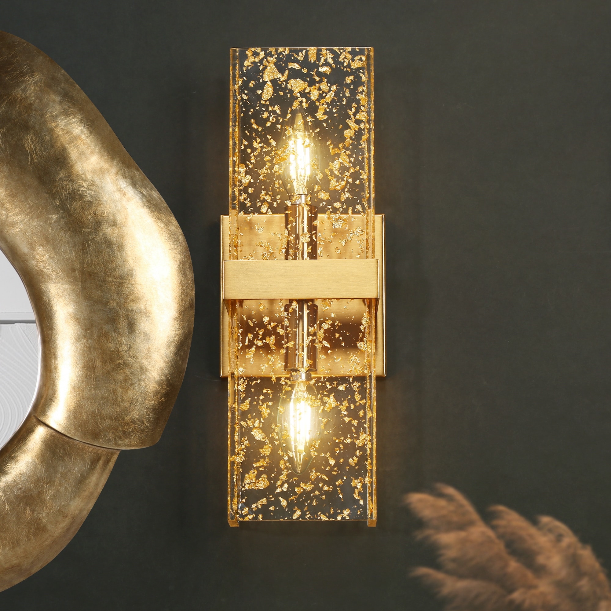 Modern Glam 2-Light Art Deco Wall Sconce Gold Foil Acrylic Bathroom Vanity Light - H 14.2" x W 5.1"
