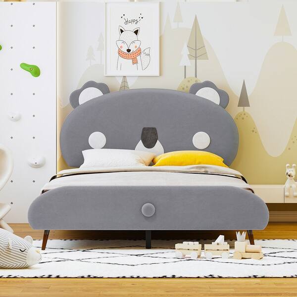 slide 2 of 20, Full Size Upholstered Platform Bed Frame with Koala-Shaped Headboard Grey