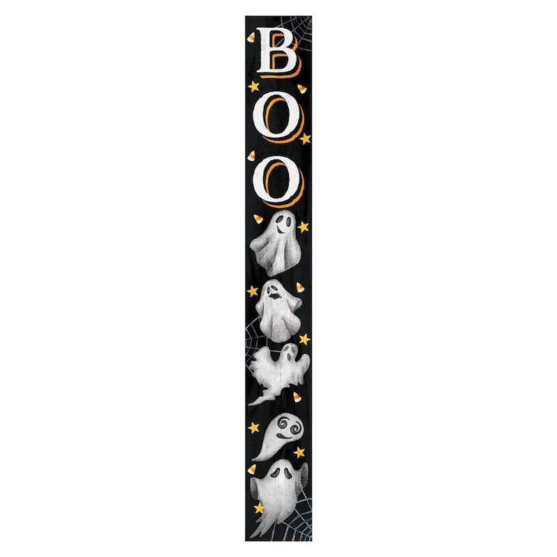 HomeRoots 72" Black White And Orange Halloween Ghost Solid Wood Porch Sign