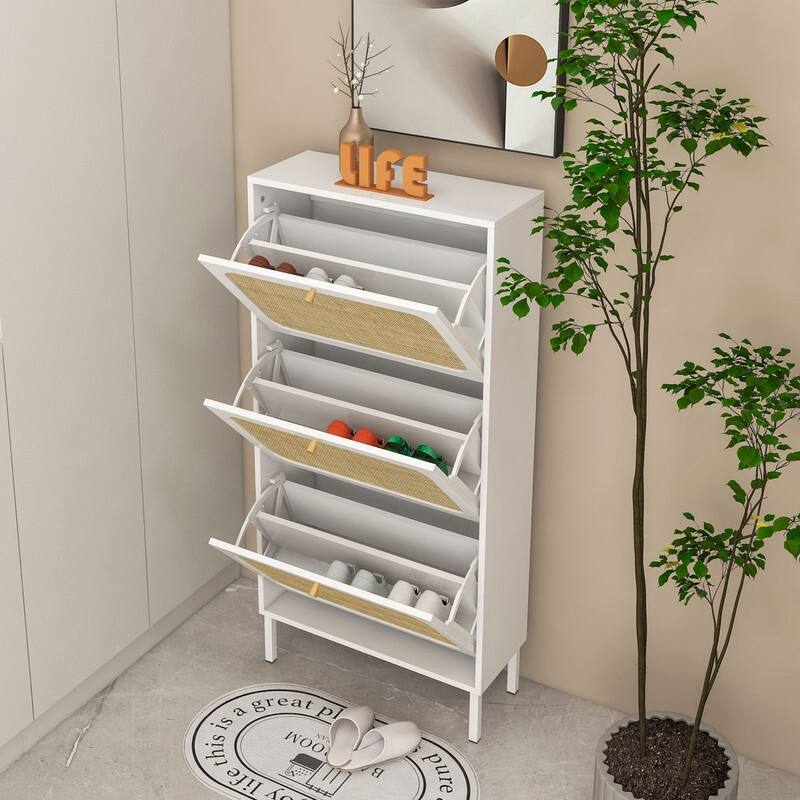 Freestanding Modern Shoe Rack Storage with 3 Natural Rattan Door