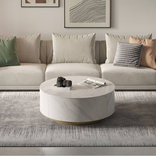 Modern Marble Top Round Coffee Table with Metal Base and 2 Drawers Bed Bath & Beyond 36149232