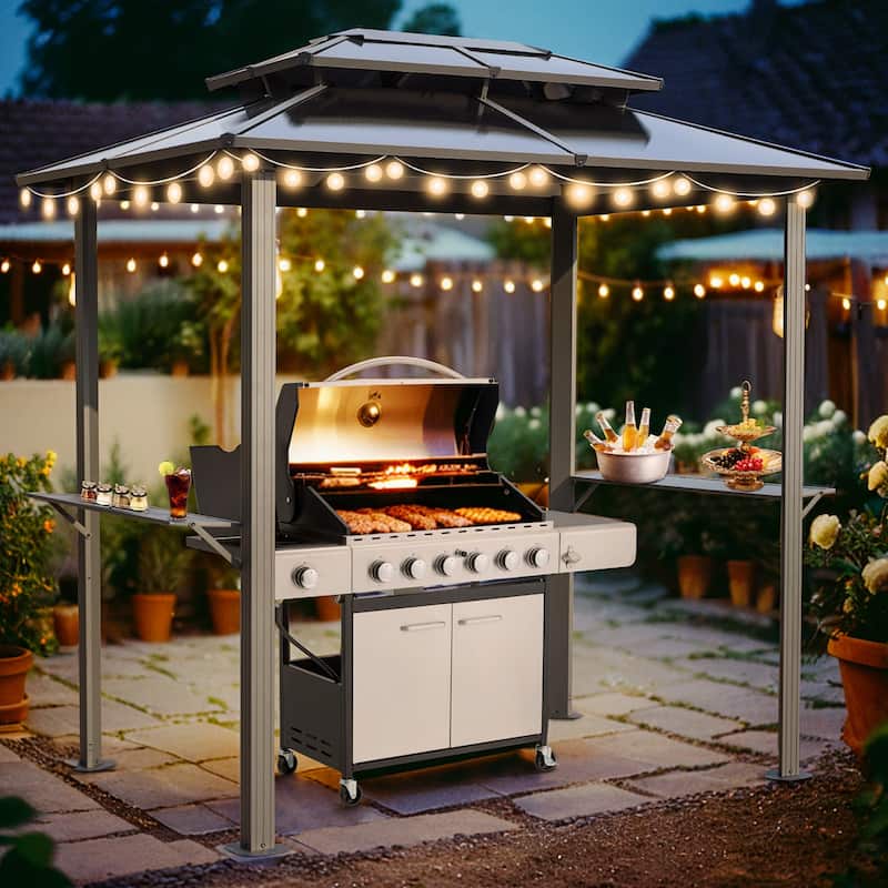 Grill Gazebo with Bar & Shelves, Double Roof BBQ Canopy for Patio, Wind & Weather-Resistant Outdoor Grill Shelter Tent - 7'x5' - With Bar