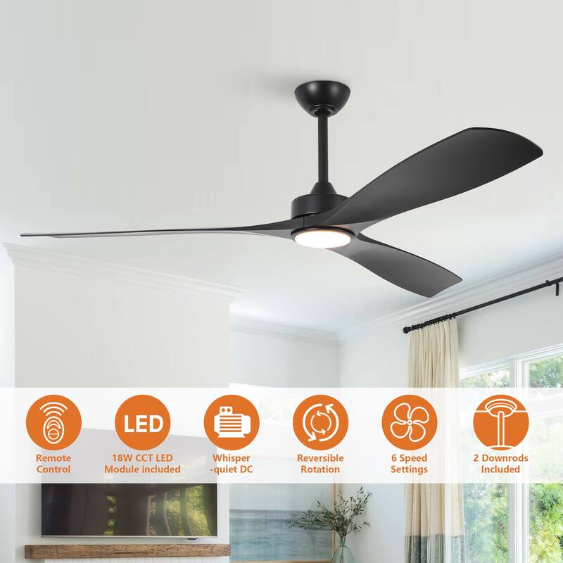 60" Modern Black ABS Propeller Indoor Ceiling Fan with Light and Remote
