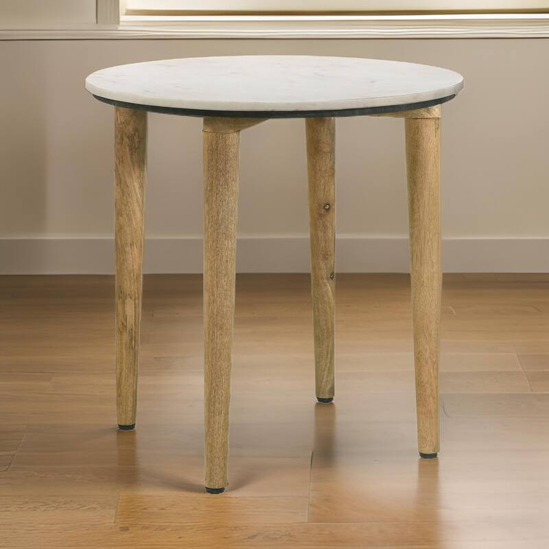 Wolu 22 Inch Side End Table, White Marble Round Top, Natural Brown Wood