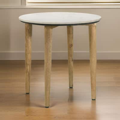 Wolu 22 Inch Side End Table, White Marble Round Top, Natural Brown Wood