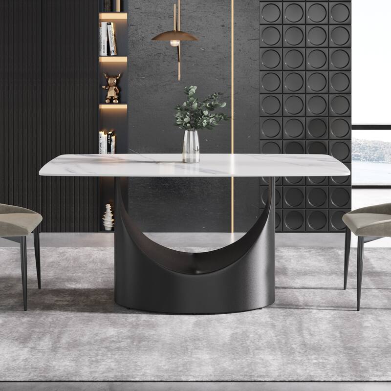 Modern Dining Table for 4-6, Sintered Stone Dining Table Top with Carbon Steel Pedestal Table