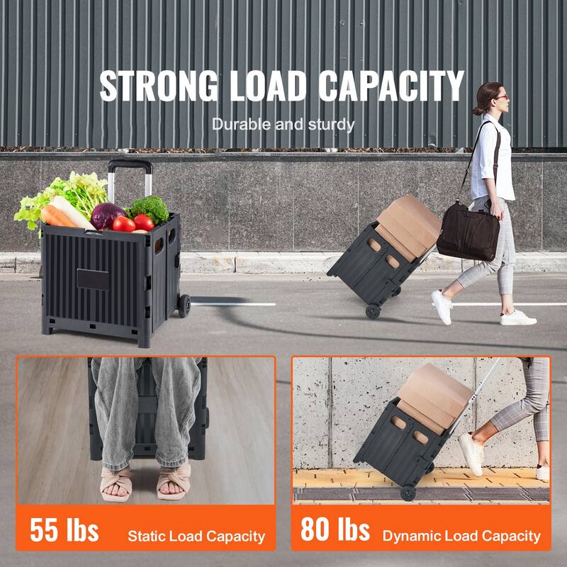 Foldable Utility Cart, 80 lbs Load Capacity, Folding Portable Rolling Crate Handcart with Durable Heavy Duty Telescoping Handle