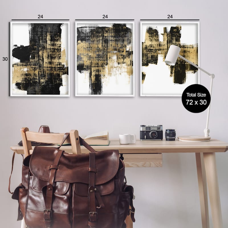 Stupell Bold Black Brushstrokes Golden Distressed Accent, 3pc Multi Piece Framed Wall Art Set