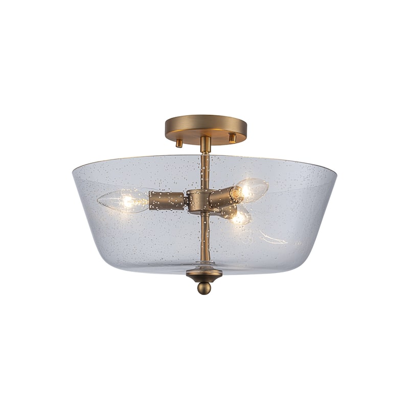 Modern Transitional 3-Light Seeded Glass Drum Flush Mount Foyer Ceiling Lights - Brass
